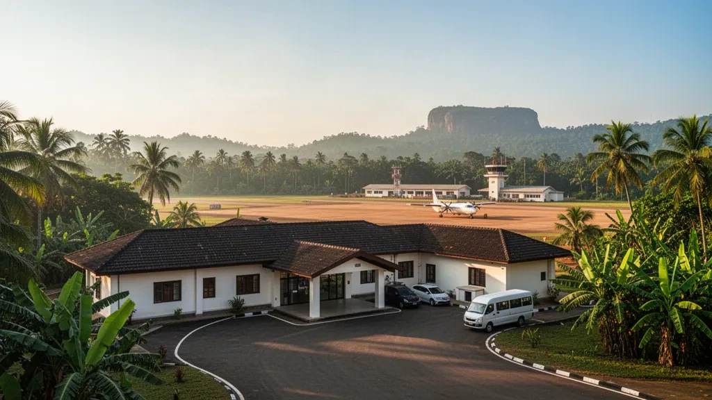 Tropischer Flughafen Sigiriya in Sri Lanka mit einem niedrigen weißen Terminal, Palmen und einem Turboprop-Flugzeug auf dem Vorfeld zur goldenen Stunde