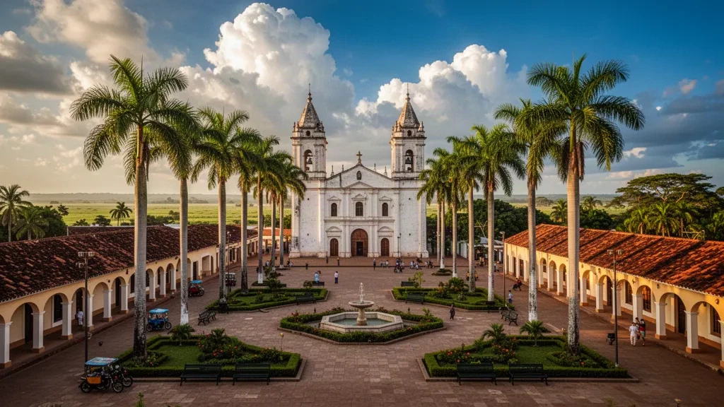 Golden hour view of Plaza José Ballivián and its colonial cathedral in Trinidad, capital of Bolivia's Beni Department