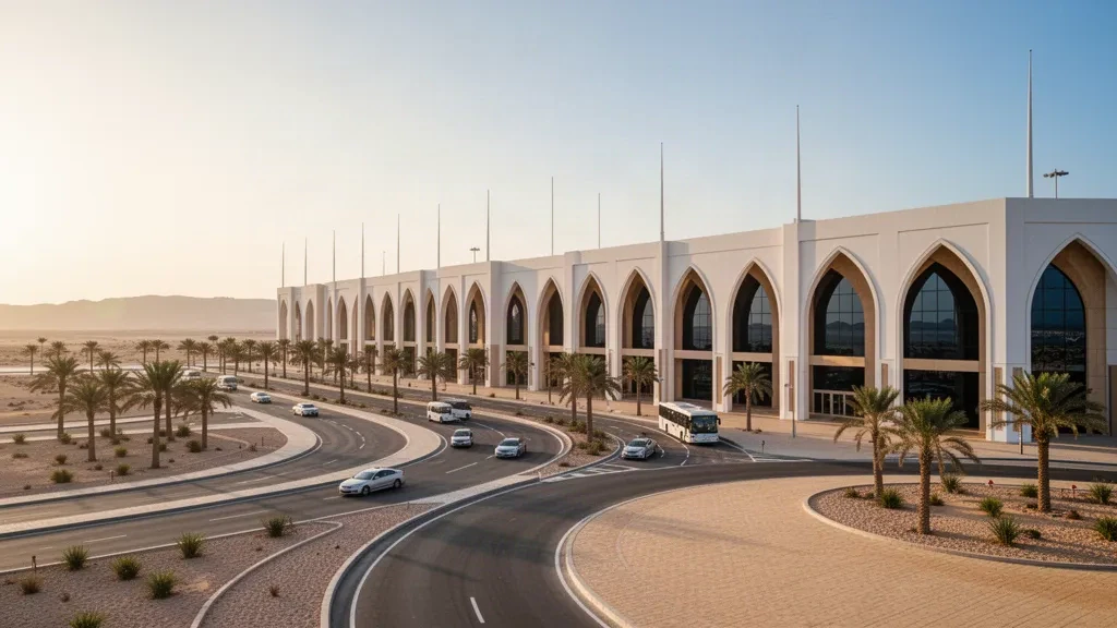 Exterior moderno de terminal blanca con arcos y carriles de acceso flanqueados por palmeras en el Aeropuerto Regional de Jazán, Arabia Saudí, a la hora dorada
