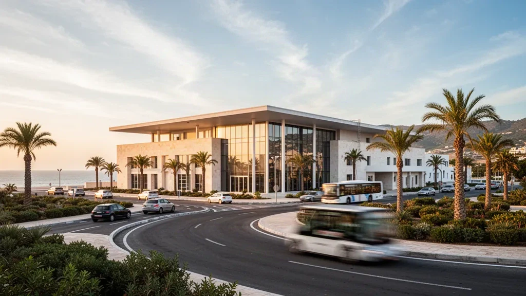 Modern glass terminal and drop-off lanes at Jijel Ferhat Abbas Airport in Algeria under warm golden-hour coastal light