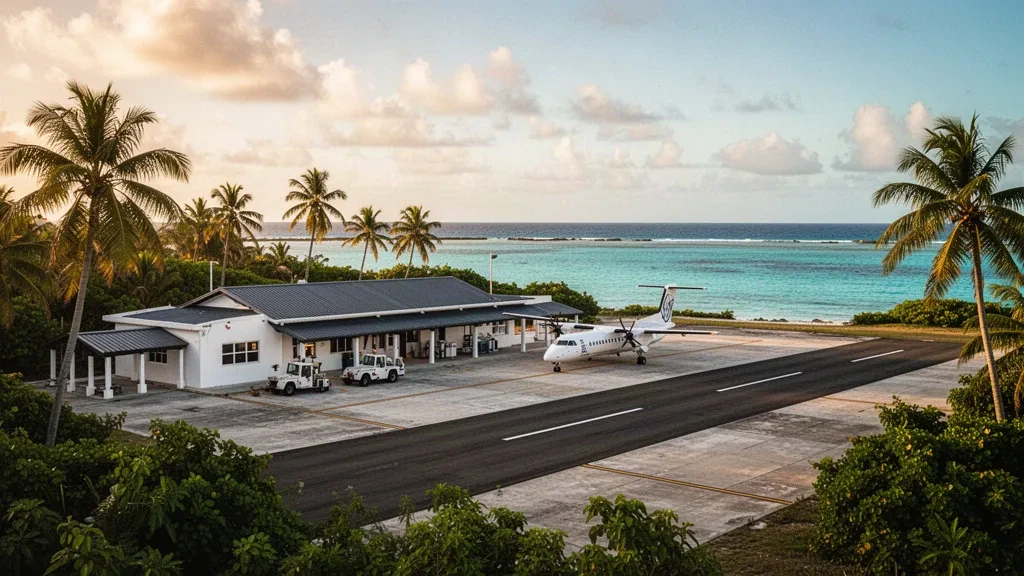 Small Caribbean island airport terminal with palms and a coastal runway at golden hour on Guanaja, Bay Islands, Honduras.