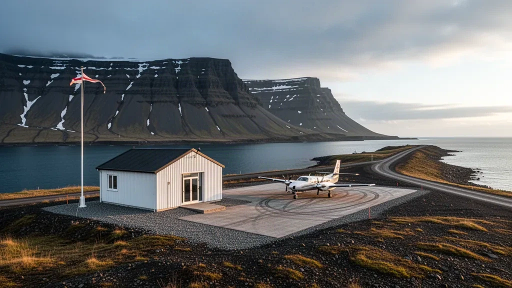 Piccola pista remota in ghiaia e modesto edificio terminal presso l'aeroporto di Gjögur nei fiordi occidentali dell'Islanda, sotto ripidi monti e un fiordo.
