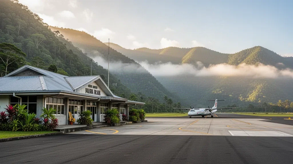 Small regional terminal at Goroka Airport in the Papua New Guinea highlands with green mountain backdrop and morning light