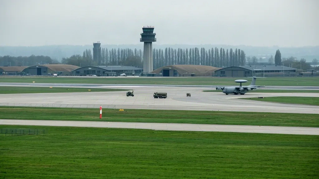 Concrete apron, hangars and control tower at Geilenkirchen Air Base with a grey surveillance aircraft parked under an overcast northern European sky