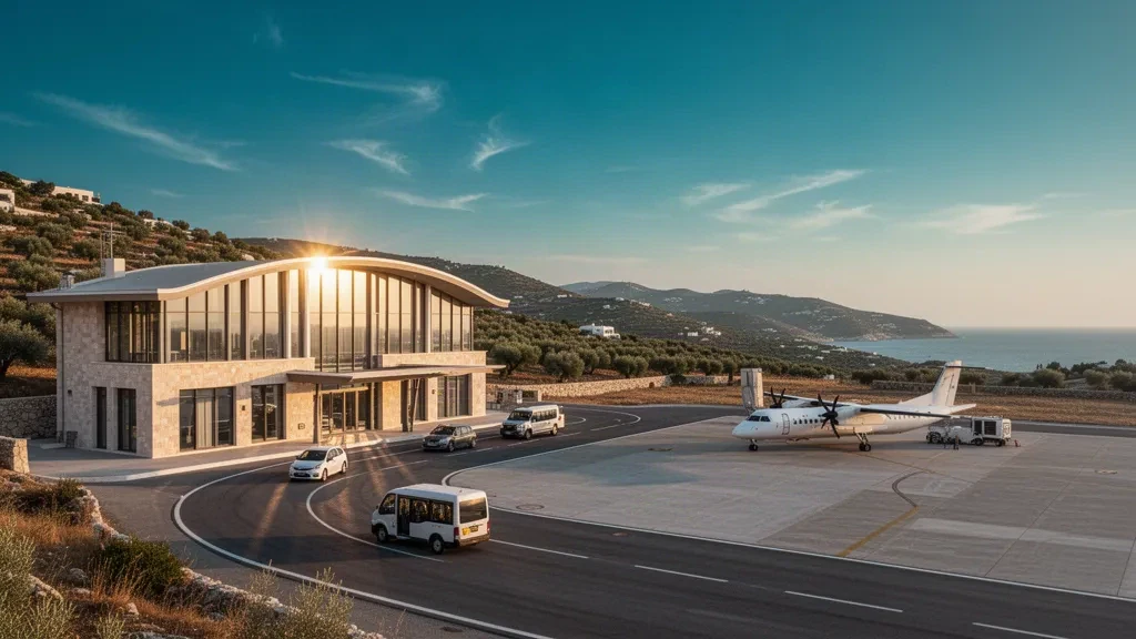 Moderna terminal aeroportuaria insular en Gökçeada durante la hora dorada, con un carril de descenso de pasajeros, un turbohélice estacionado y colinas del Egeo onduladas más allá del campo de aviación