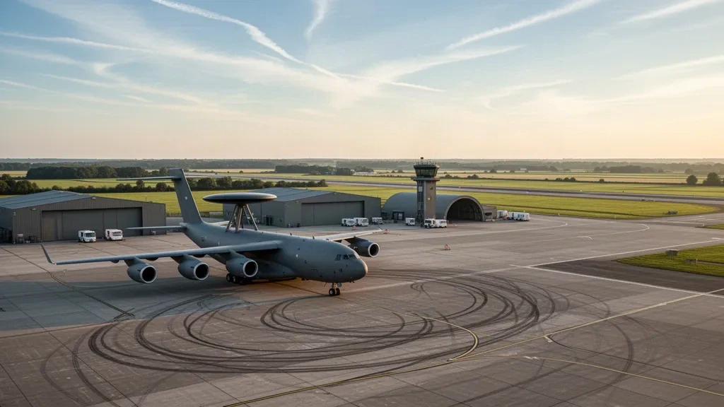 Graues viermotoriges Überwachungsflugzeug mit Radarhaube auf dem Vorfeld des Militärflugplatzes Geilenkirchen, Deutschland, in warmem Licht zur goldenen Stunde