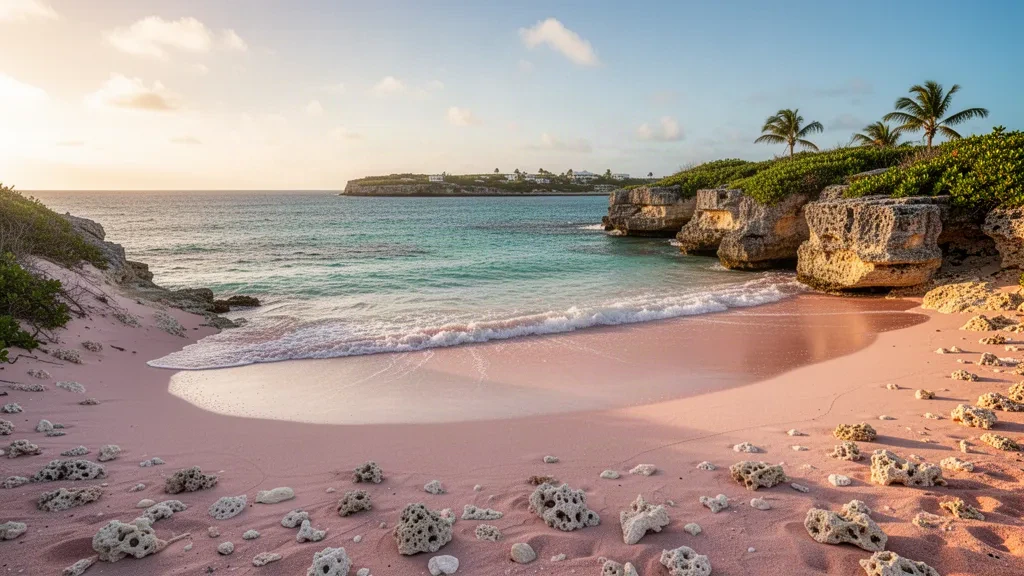 Southampton Parish, Bermuda'daki Horseshoe Bay Beach'te kireçtaşı kayalarla çerçevelenmiş pembe kum ve turkuaz su