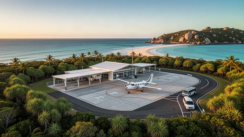 Pequeña terminal tropical y pista de aterrizaje en el Aeropuerto de Great Keppel Island en Queensland, rodeada de palmeras y aguas turquesa del Mar del Coral.