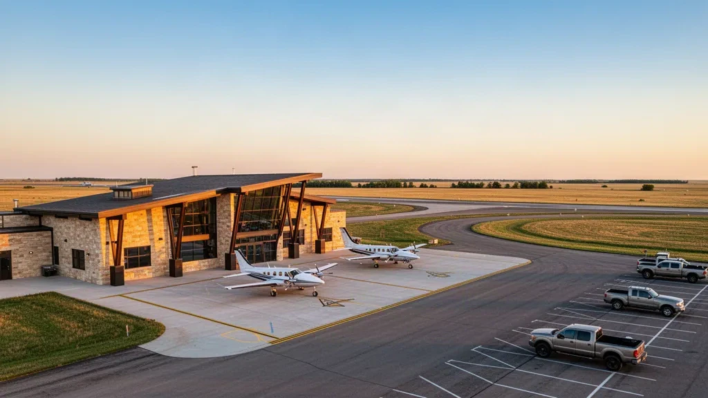 Außenansicht eines modernen Terminals und Rollweg am Goodland Municipal Airport in Kansas während der goldenen Stunde mit geparkten Flugzeugen