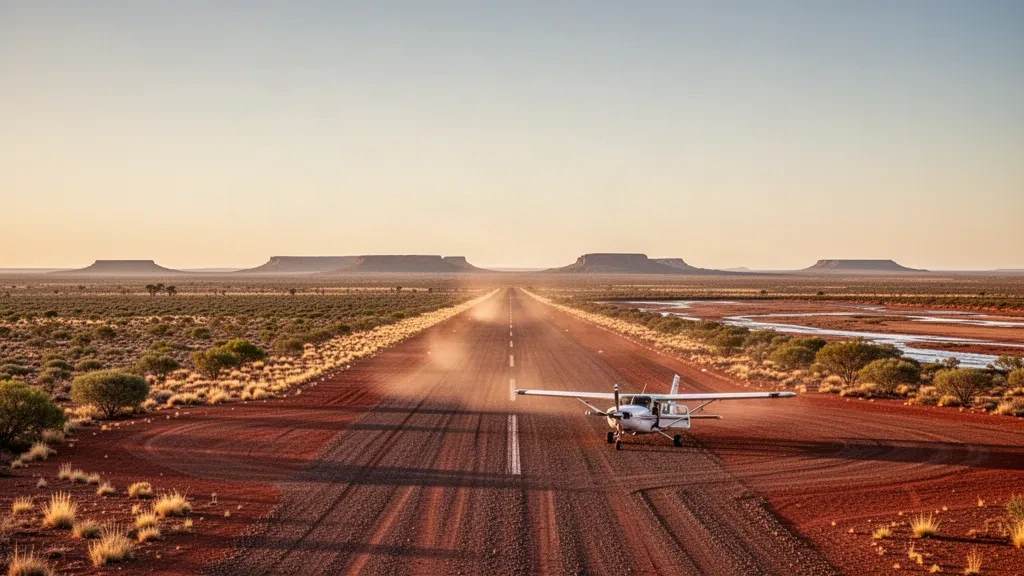 Piste en terre isolée à l'aéroport de Glengyle, dans l'arrière-pays du sud-ouest du Queensland, sous une chaude lumière dorée