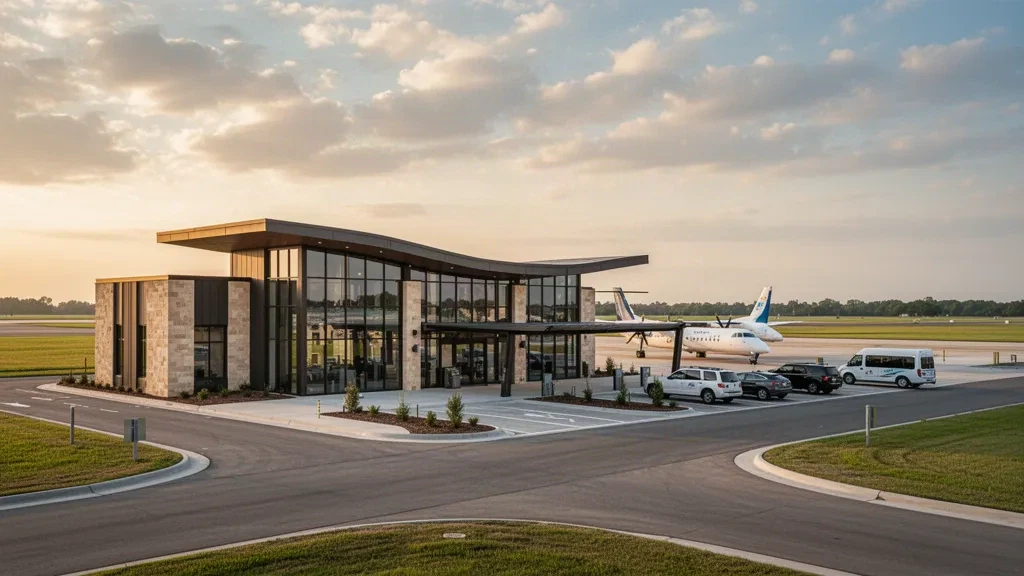 Extérieur moderne du terminal vitré de l'aéroport régional Mid Delta à Greenville, Mississippi, éclairé par le soleil de l'heure dorée avec les terres agricoles du Delta en arrière-plan.