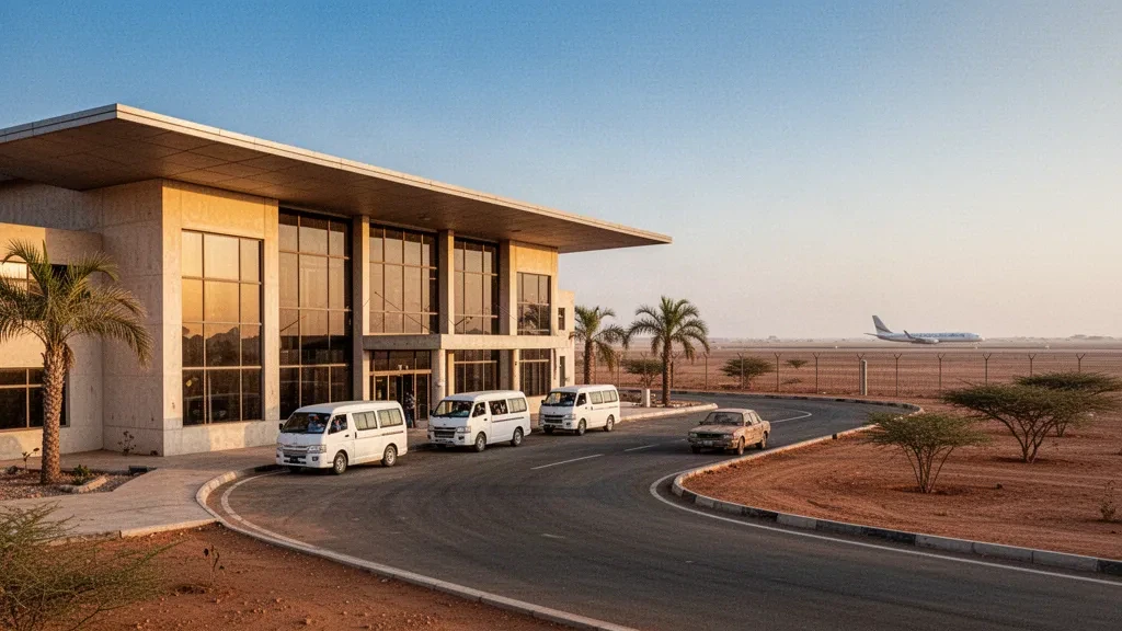Außenansicht eines modernen Terminals und Aussteigspur am Flughafen Galkayo in Somalia, mit Palmen und trockener Landschaft zur goldenen Stunde