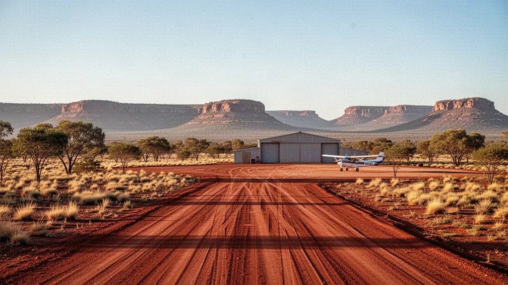 Remote outback airstrip at Glenormiston Airport in far western Queensland with red earth runway and light aircraft at golden hour