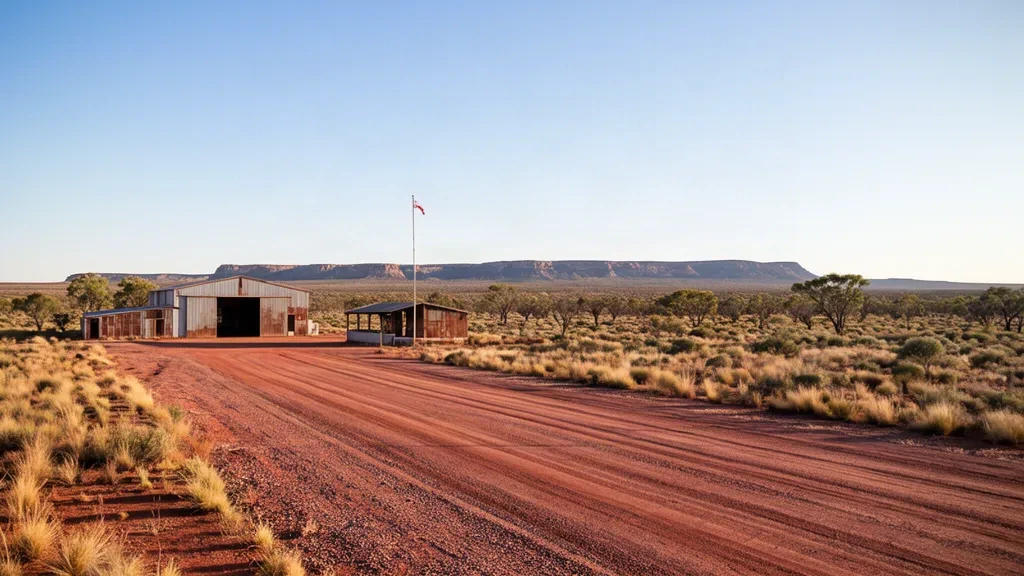 Remote Glenormiston Airport airstrip in outback Queensland with a red dirt runway, metal shed and arid savannah in late afternoon light