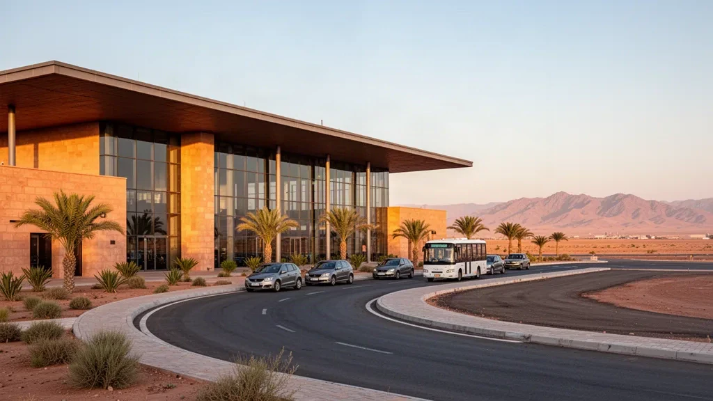 Modern glass and stone terminal with palm-lined entrance road at Guelmim Airport in southern Morocco under warm golden-hour light