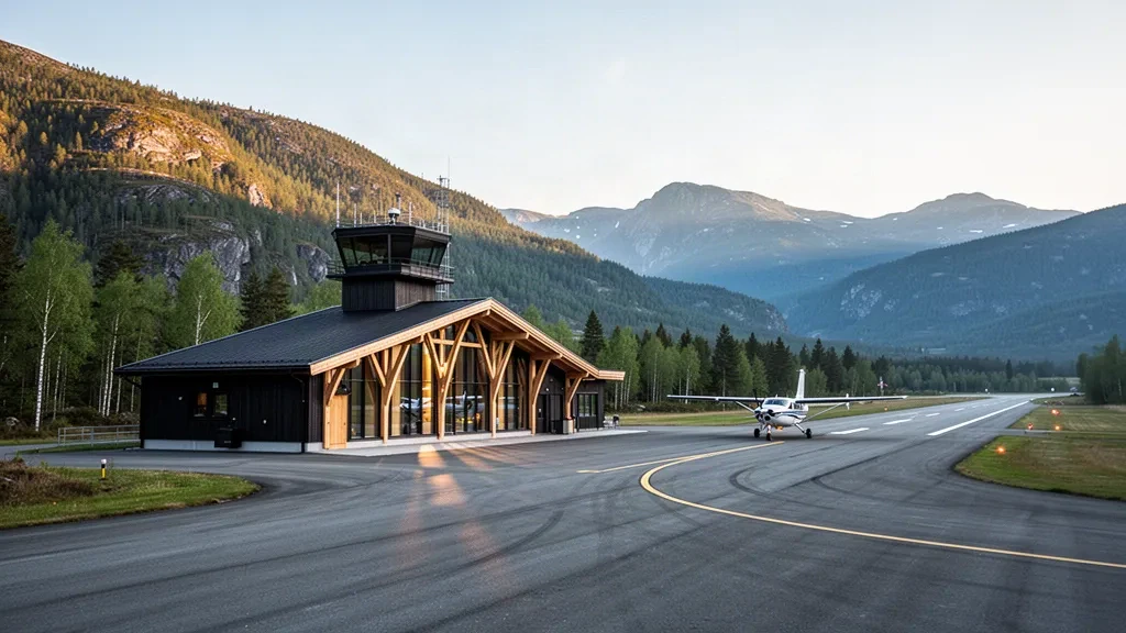 Kleines regionales Terminal und Start- und Landebahn am Flughafen Gol in Klanten, Norwegen, umgeben von Kiefernwald und Bergkämmen in weichem nordischem Licht