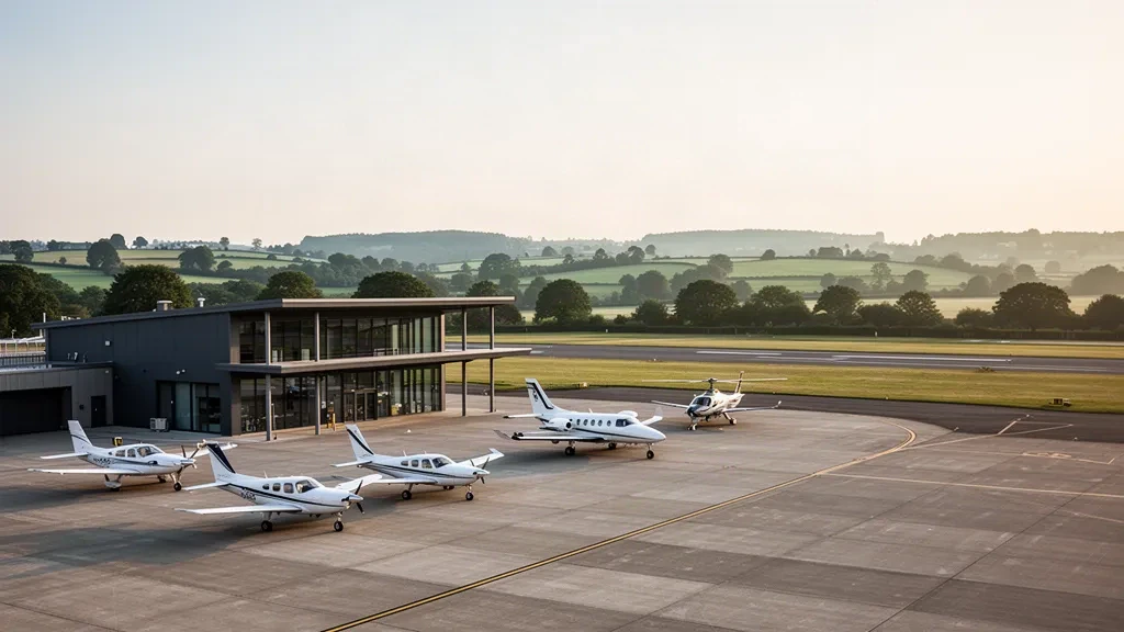 Terminal moderno e aerei leggeri sul piazzale dell'Aeroporto di Gloucestershire, con la campagna delle Cotswolds all'orizzonte durante l'ora d'oro.