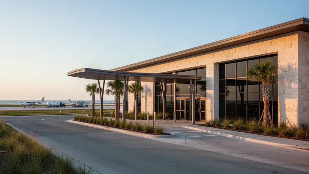 Coastal terminal building and drop-off lanes at Scholes International Airport at Galveston, Texas, photographed at golden hour