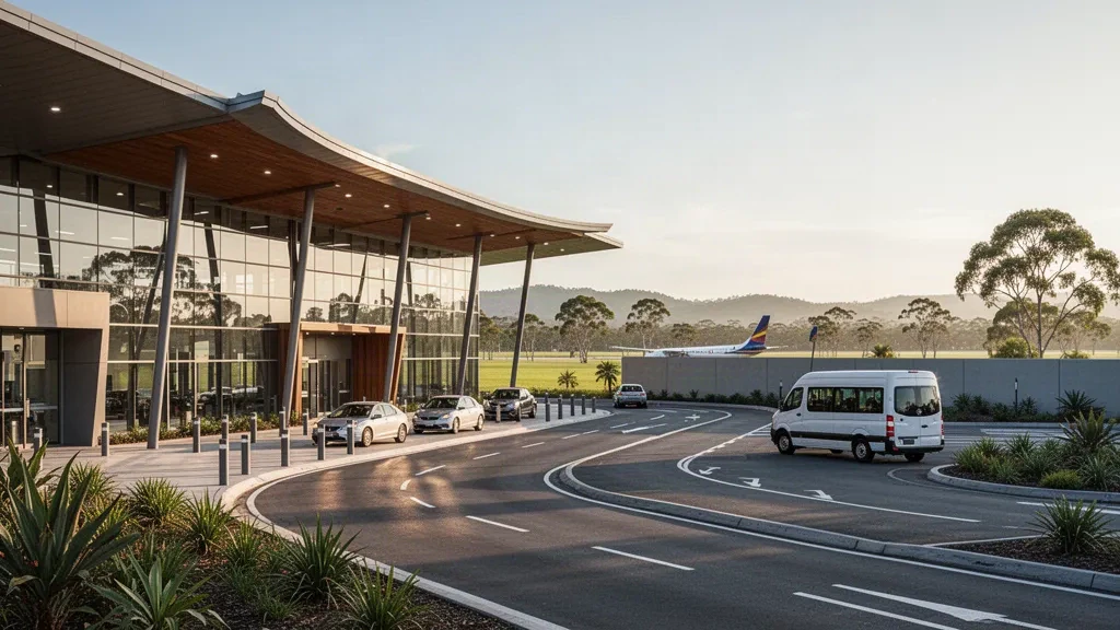 Modernes Glas-Terminal und Vorfahrt am Flughafen Gladstone in Queensland, die im warmen Licht der goldenen Stunde leuchten