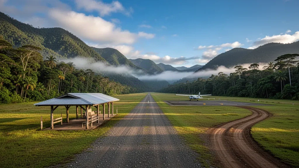 Veduta ampia della pista dell'aeroporto di Gulgubip in Papua Nuova Guinea, circondata da altopiani tropicali e montagne nebbiose.