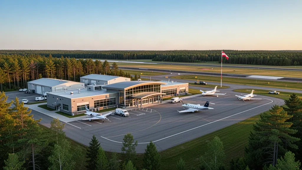 Modernes Terminal und Vorfeld am Gaylord Regional Airport in Michigan, mit Hangars, Flugzeugen und Kiefern im Licht der goldenen Stunde.