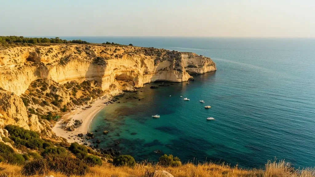 Costa di Cipro con acqua turchese del Mediterraneo, grotte marine calcaree e una baia calma sotto la luce dorata del pomeriggio