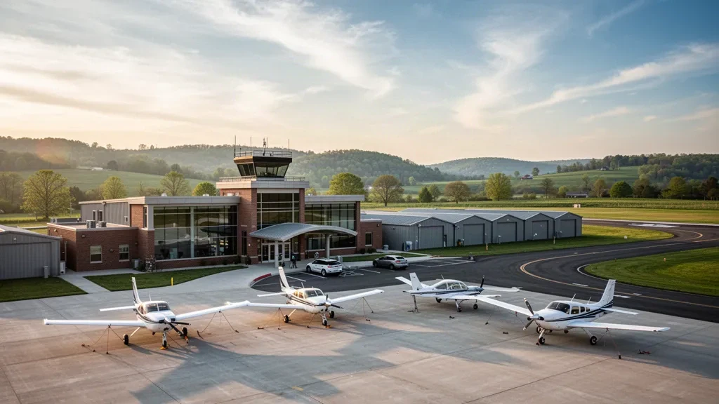 Small terminal building, hangars and single-engine aircraft on the apron at Glasgow Municipal Airport in Kentucky at golden hour
