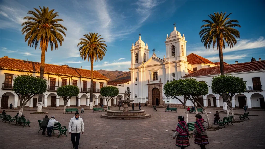 Sucre, Chuquisaca, Bolivya'da Plaza 25 de Mayo çevresindeki beyaz sömürge dönemi binaları ve katedral
