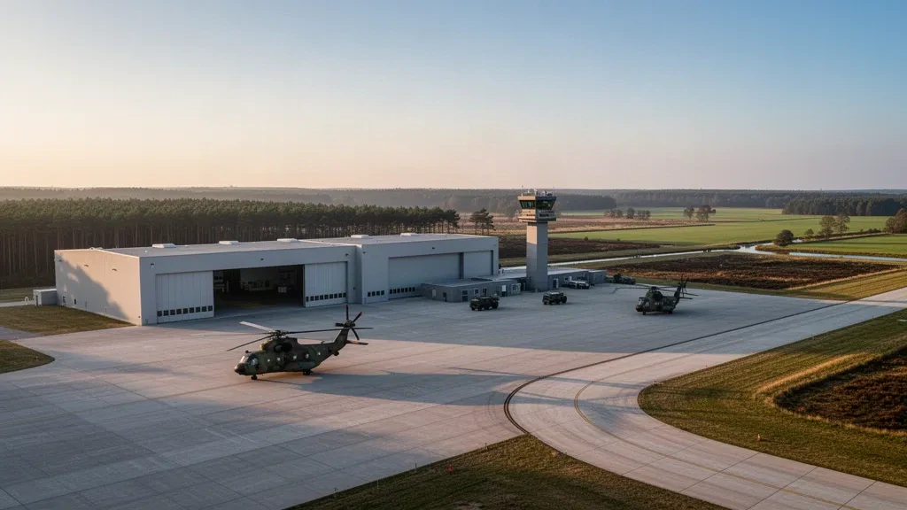Hubschraubervorfeld und Hangars der Königlich Niederländischen Luftwaffe am Flugplatz Gilze-Rijen in Nordbrabant im warmen Abendlicht