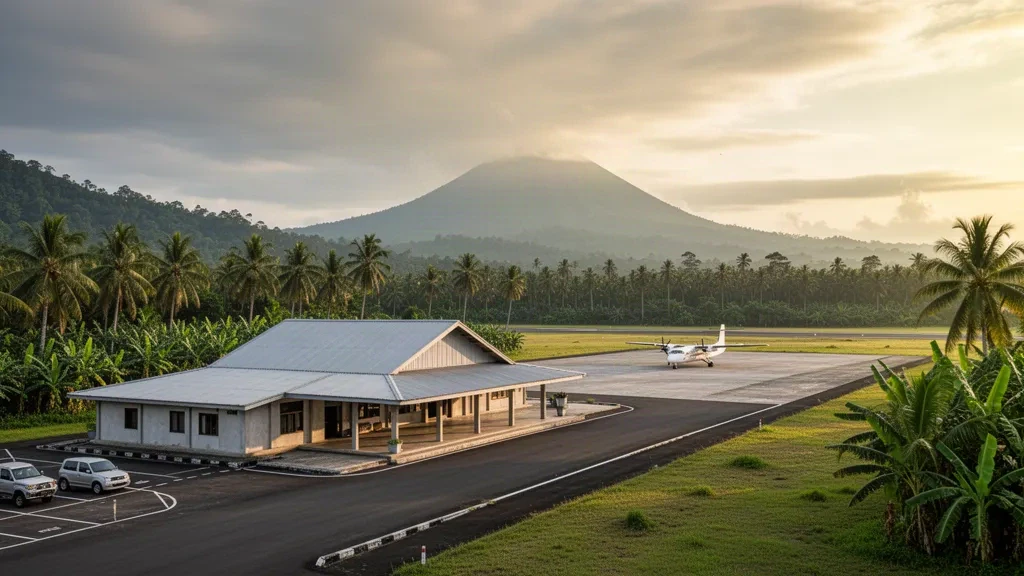 Terminal tropical y plataforma del aeropuerto de Gamarmalamo en Galela, Molucas del Norte, rodeados de palmeras, colinas verdes y un volcán lejano