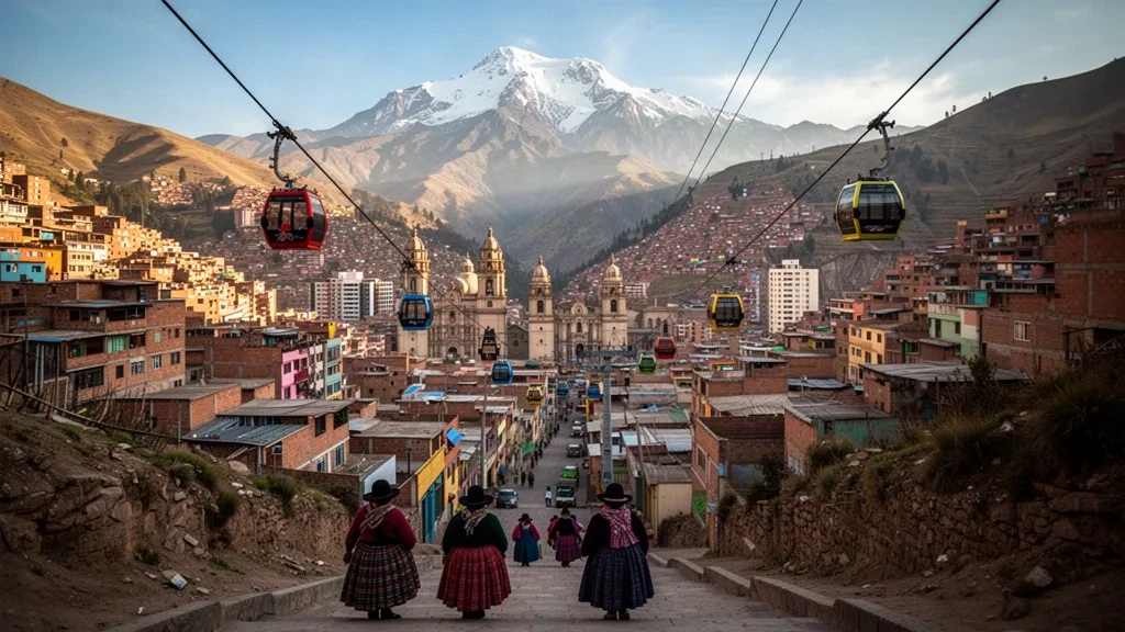 La Paz Bolivia cityscape in its valley bowl with Illimani mountain and Mi Teleférico cable cars in golden afternoon light