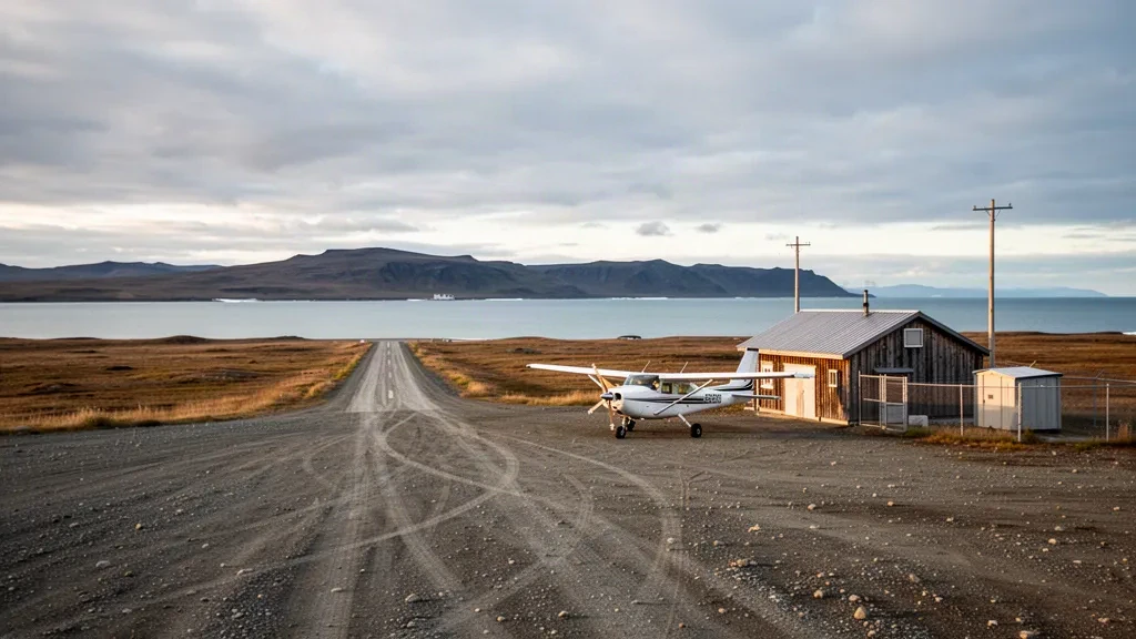 Pista de grava y pequeña terminal de madera en el aeropuerto de Golovin, en la costa de tundra del Norton Sound de Alaska