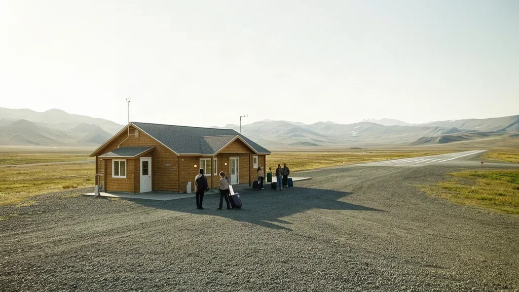 Vista exterior del pequeño edificio terminal del aeropuerto de Golovin, en Alaska, con una pista de grava y un paisaje de tundra bajo un cielo despejado.