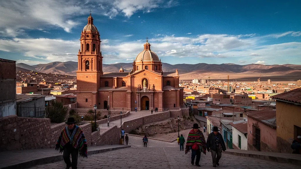 Sanctuary of the Virgin of Socavón rising above the Oruro skyline in Bolivia, lit by golden late afternoon light on the Andean altiplano.