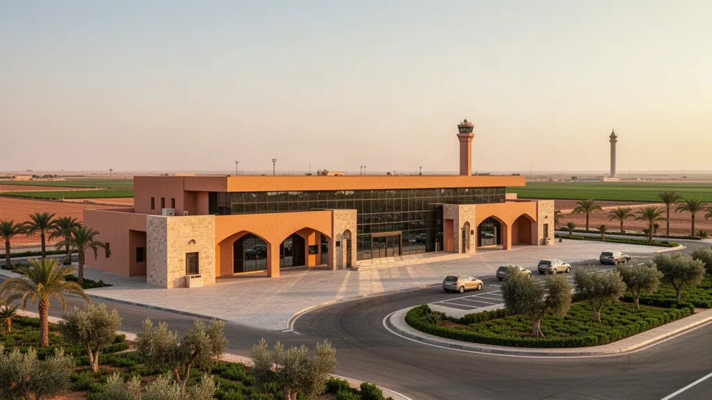 Golden-hour view of Ben Slimane Airport in Morocco, showing its sand-coloured terminal, palm-lined forecourt and curving access road