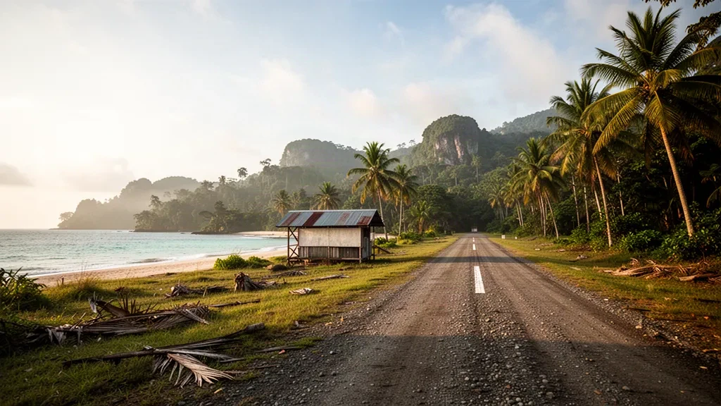 Golden-hour view of the tropical grass and coral runway at Gasmata Island Airport in Papua New Guinea, framed by palms and jungle hills
