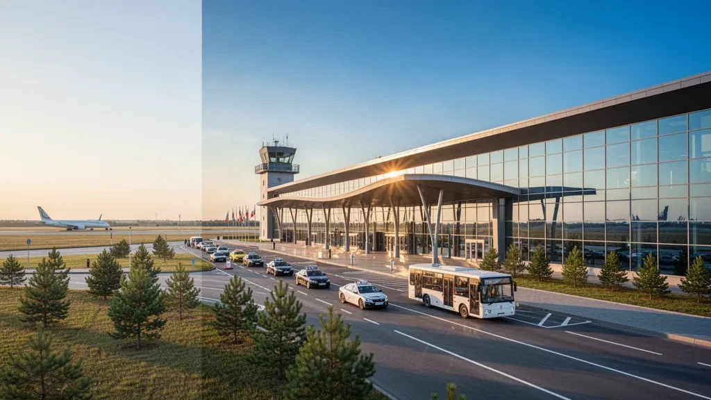 Exterior moderno de la terminal y carril de descenso en el aeropuerto de Gomel GME en Bielorrusia durante la hora dorada