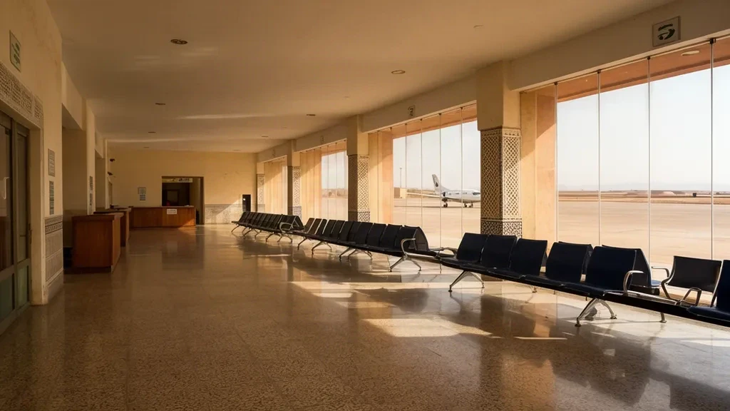 Interior of Ben Slimane Airport GMD terminal with check-in counters, waiting seats and glass windows overlooking the sunlit apron