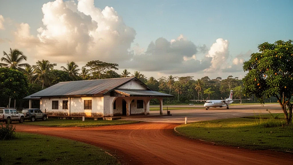 Warme Aussicht zur goldenen Stunde auf das bescheidene Terminal und die tropische Landebahn am Flughafen Gamboma in der Republik Kongo