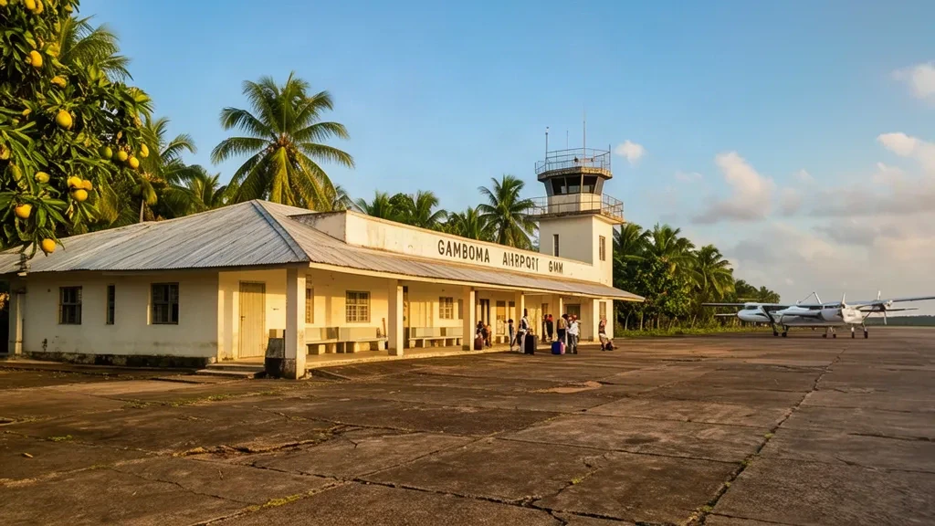 Außenansicht des Terminals des Flughafens Gamboma GMM in der Republik Kongo mit tropischen Bäumen, geparkten Flugzeugen und warmem Nachmittagslicht
