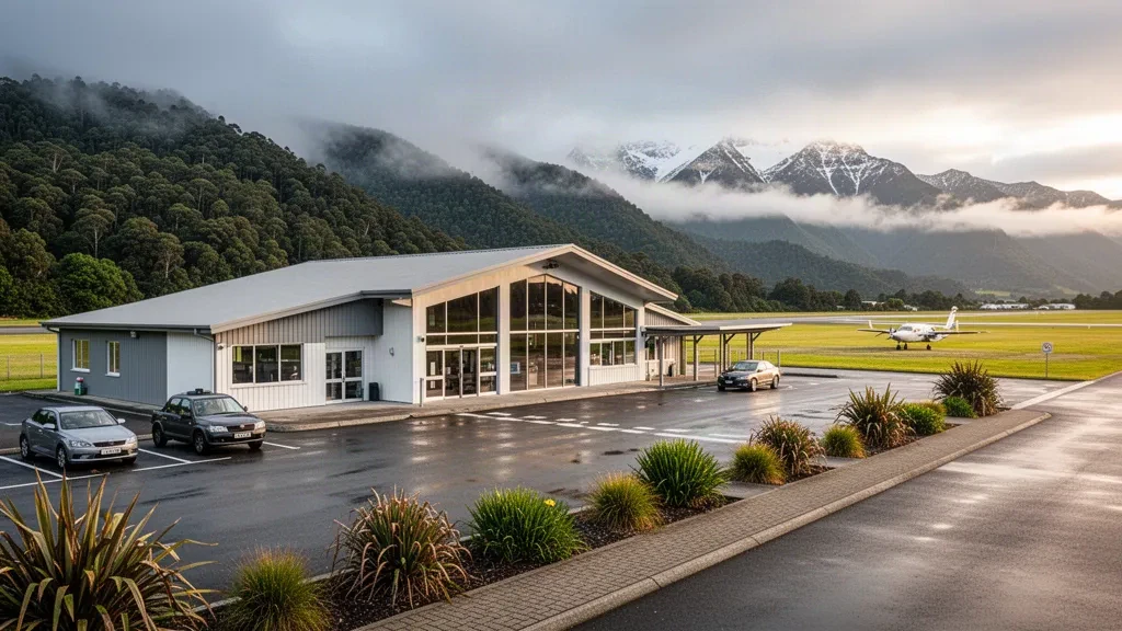 Yeni Zelanda'nın Batı Yakası'ndaki Greymouth Havalimanı'nda çalılık tepeler ve apron üzerinde hafif bir uçakla çevrili küçük bölgesel terminal binası