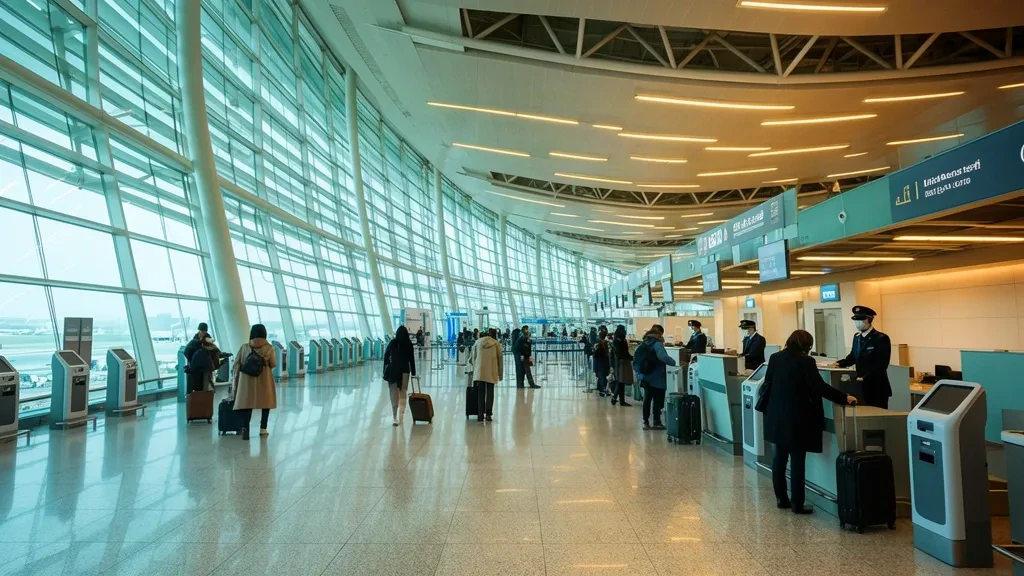 Helle Abflughalle des Flughafens Seoul Gimpo International GMP mit Glaswänden, Check-in-Schaltern und Reisenden mit Gepäck