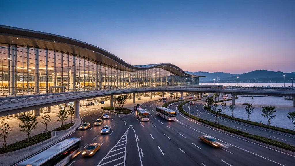 Moderno terminal esterno in vetro all'Aeroporto Internazionale di Gimpo di Seul al crepuscolo, con strade di accesso curve, taxi e il fiume Han sullo sfondo