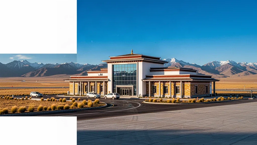 Modernes Terminal des Flughafens Golog Maqin auf dem Qinghai-Tibet-Plateau mit schneebedeckten Bergketten und einer geschwungenen Vorfahrtstraße zur goldenen Stunde.