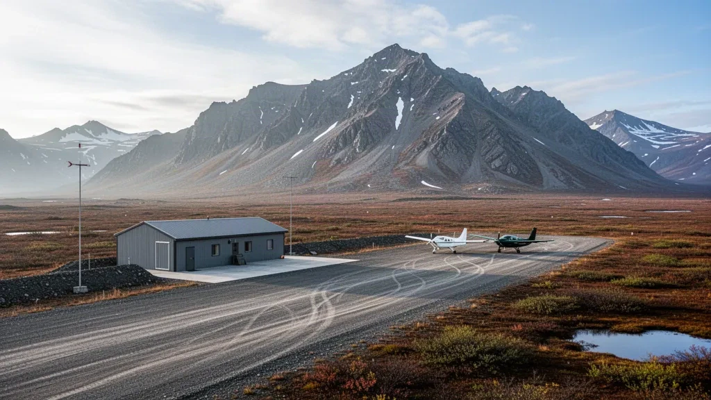 Abgelegene Schotterpiste und Zweckgebäude an der Granite Mountain Air Station im Westen Alaskas unter Granitgipfeln