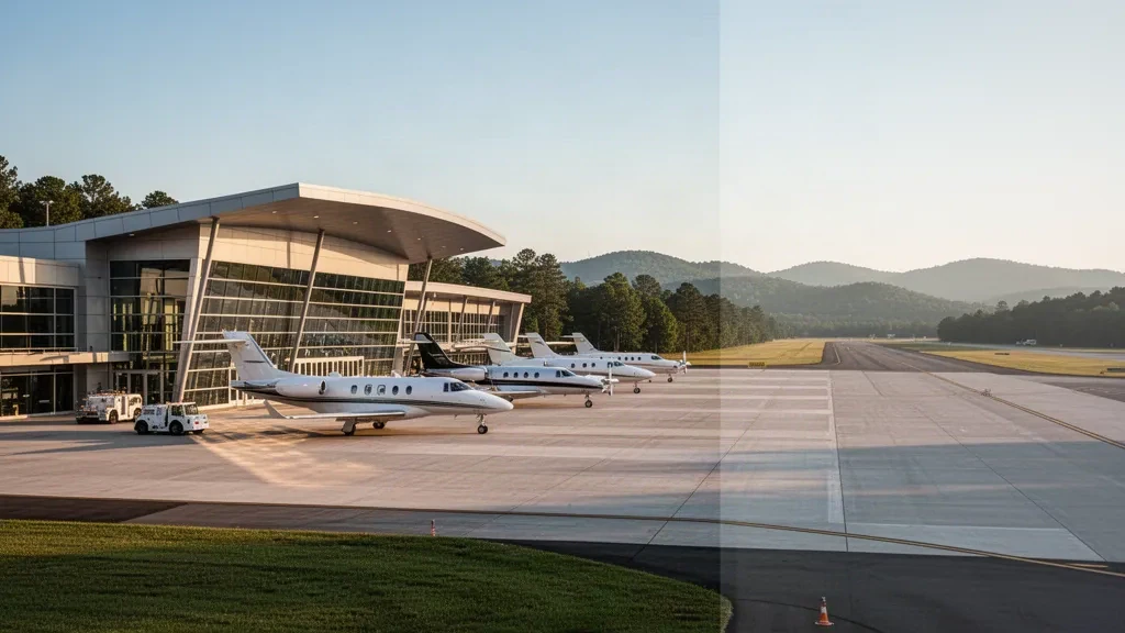 Moderno terminal per l'aviazione generale e piazzale per jet aziendali dell'aeroporto di Greenville Downtown GMU nella calda luce dorata del tramonto
