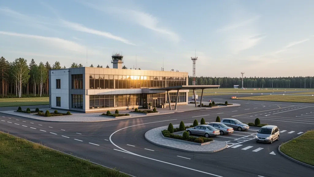 Modern terminal exterior at Hrodna Airport in Belarus with access roads and parked cars at golden hour