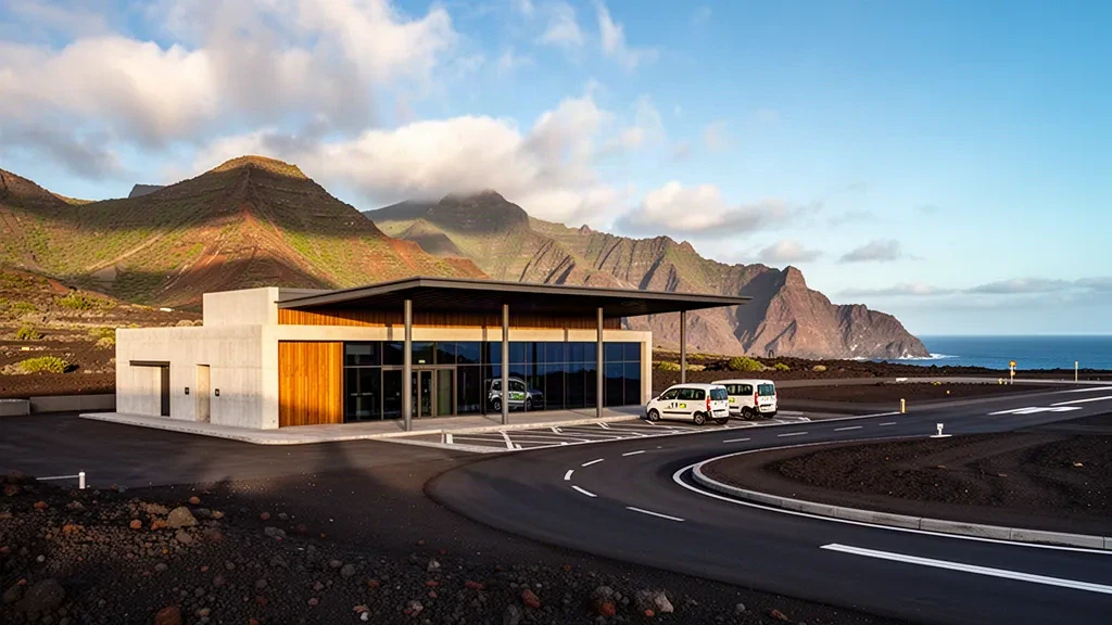 Außenansicht eines modernen Terminals und Aussteigespur am Flughafen La Gomera in Alajeró vor den vulkanischen Hügeln der Kanaren zur goldenen Stunde