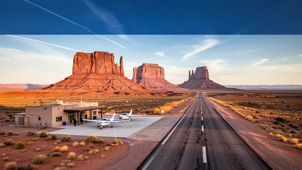 Pequeño aeródromo en el desierto en el aeropuerto de Monument Valley con una plataforma para aviones ligeros y buttes de arenisca roja a la hora dorada
