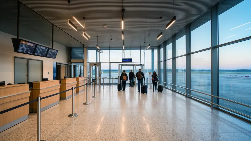 Innenansicht der Abflughalle am Flughafen Hrodna GNA in Belarus mit Check-in-Schaltern, Glaswänden und Reisenden in weichem Morgenlicht